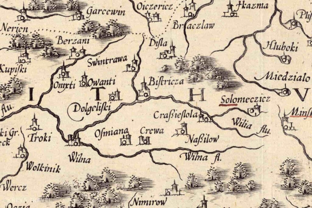 Фрагмент старажытнай карты, 1589 г. Мястэчка адзначана тут выявай замка і надпісам "Crewa"